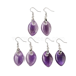 Natural Amethyst Dangle Earrings, with Rack Plating Brass Earring Hooks, Lead Free & Cadmium Free, Leaf, 50x18mm(EJEW-F343-B04)