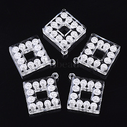 Transparent Acrylic Pendants, with ABS Plastic Imitation Pearl, Rhombus, White, 42x38x9mm, Hole: 2mm(TACR-R146-009)