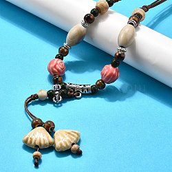 Ethnic Style Alloy & Porcelain Ceramic Beads Pendant Tassel Y Necklaces, Adjustable Waxed Cord Necklaces, Shell Shape, 22.44 inch(57cm)~35.04 inch(89cm)(NJEW-D308-03A)