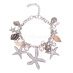 PandaHall Elite Trendy Charm Bracelets, with Conch, CCB Plastic Rhinestone Starfish and Glass Pearl Pendants and Iron & Brass Findings, with Cardboard Jewelry Set Boxes, Platinum, 7-3/8 inch(187mm), 1pc/box(BJEW-PH0004-03-WH)