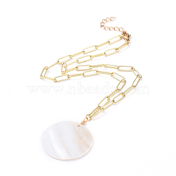 Natural Freshwater Shell Pendant Necklaces, with Brass Paperclip Chains, Iron Chain Extender and 304 Stainless Steel Lobster Claw Clasps, Flat Round, Golden, 16.85 inch(42.8cm)(X-NJEW-JN02788)
