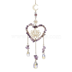 Natural Amethyst Chip & Brass Heart & Lotus Hanging Ornaments, Glass Teardrop Tassel for Home Decorations, Golden, 300mm(HJEW-TA00257)