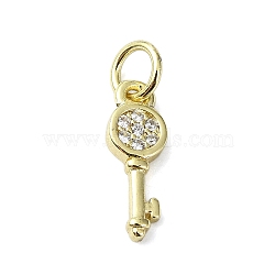 Brass Micro Pave Claer Cubic Zirconia Charms, with Jump Ring, Real 18K Gold Plated, Key, 13.5x4.5x1.5mm, Hole: 3mm(KK-H475-50G-01)