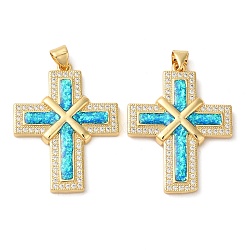 Rack Plating Brass Micro Pave Cubic Zirconia Pendants, Cadmium Free & Lead Free, Long-Lasting Plated, Cross, Real 18K Gold Plated, 33x25x3mm, Hole: 4x3mm(KK-P268-17D-G)