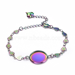 Rainbow Color 304 Stainless Steel Bracelet Making, with Lobster Claw Clasps, Heart Link Chains and Flat Round Cabochon Settings, Tray: 16mm, 6-1/4 inch(16cm)(STAS-L248-004M)
