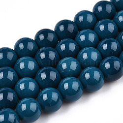 Opaque Solid Color Glass Beads Strands, Round, Marine Blue, 8~8.5mm, Hole: 1.5mm, about 51~53pcs/strand, 14.96 inch~15.55 inch(38~39.7cm)(X-GLAA-T032-P8mm-14)