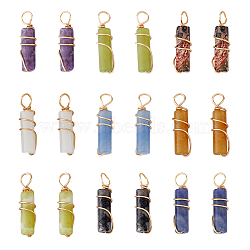 18Pcs 9 Styles Natural Gemstone Pendants, Column Charms, with Light Gold Tone Eco-Friendly Copper Wire Wrapped, 20~21x5~5.5mm, Hole: 2.3~2.8mm, 2pcs/style(FIND-FH0006-44)