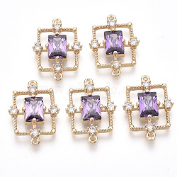 Golden Tone Brass Links connectors, with Faceted Glass and Rhinestone, Rectangle, Violet, 19x13.5x3.5mm, Hole: 1mm(X-GLAA-R212-14C)