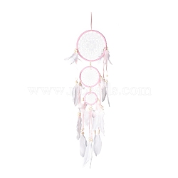 Handmade Round Woven Net/Web with Feather Wall Hanging Decoration, with Plastic Rings, Wooden Beads, for Home Offices Amulet Ornament, Pearl Pink, 850mm(HJEW-G015-05)