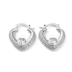 Clear Cubic Zirconia Heart Hoop Earrings, Rack Plating Brass Earrings, Lead Free & Cadmium Free, Long-Lasting Plated, Platinum, 25x22x4.5mm(EJEW-F329-01P)