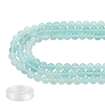 DIY Jewelry Bracelet Making Kits, 3 Strands 8mm Dyed Round Natural White Jade Beads and Flat Elastic Thread, Cyan, 8mm, Hole: 1mm, about 49pcs/strand, 15.16''(38.5cm), 3strands/set