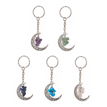Natural & Synthetic Gemstone Chips Moon & Moon Alloy Pendant Keychain, with Iron Split Key Rings, Mixed Color, 10cm