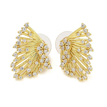 Brass Micro Pave Clear Cubic Zirconia Stud Earrings, Butterfly Wing, Real 18K Gold Plated, 20.5x15mm