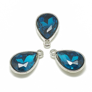 Alloy Glass Pendants, Faceted, teardrop, Platinum, Teal, 19x12x6mm, Hole: 1.5mm