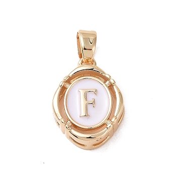 304 Stainless Steel Enamel Pendants, Oval with Letter, Golden, White, Letter.F, 15.5x11.5x4mm, Hole: 4.5x2.5mm
