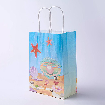 kraft Paper Bags, with Handles, Gift Bags, Shopping Bags, Ocean Theme, Rectangle, Deep Sky Blue, 21x15x8cm