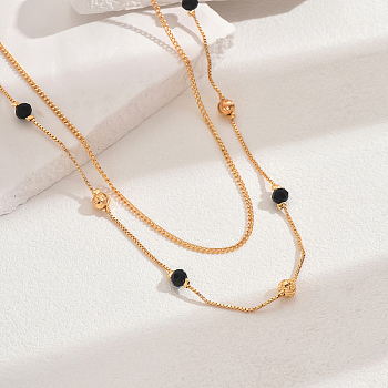 Fashionable Brass & Natural Black Onyx(Dyed & Heated) Double Layer Necklaces for Women, Real 18K Gold Plated, Perfect for Work, 18.11 inch(46cm)