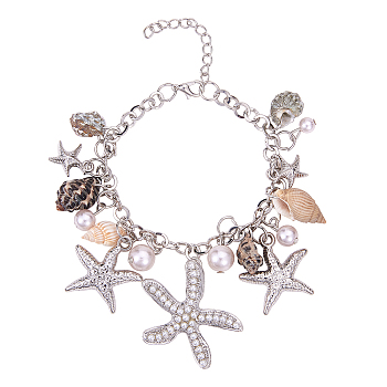 PandaHall Elite Trendy Charm Bracelets, with Conch, CCB Plastic Rhinestone Starfish and Glass Pearl Pendants and Iron & Brass Findings, with Cardboard Jewelry Set Boxes, Platinum, 7-3/8 inch(187mm), 1pc/box