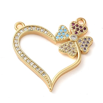 Brass Micro Pave Colorful Cubic Zirconia Connector Charms, Heart with Clover, Real 18K Gold Plated, 23x24x2.5mm, Hole: 1.5mm