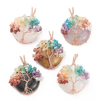 Natural & Synthetic Gemstone Pendants with Rose Gold Brass Findings with Mixed Stone Chips, Half Round/Dome, 59~61x48~51x14~16mm, Hole: 10×7mm