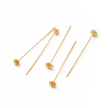 Brass Flower Head Pins, Real 18K Gold Plated, 54mm, Flower: 6x6x4mm, Pin: 0.7mm(21 Gauge)