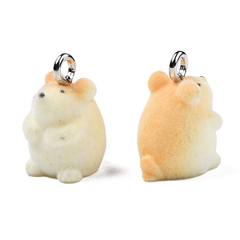 Flocky Resin Pendants, with Platinum Plated Iron Loops, Hamster, Wheat, 19x14x12mm, Hole: 2.5mm