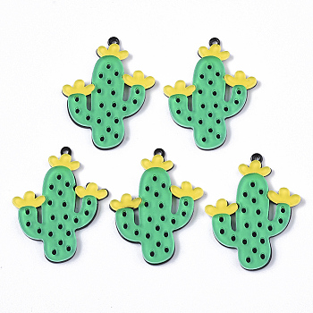 Cellulose Acetate(Resin) Pendants, Cactus, Lime Green, 43x34x3.5mm, Hole: 1.4mm