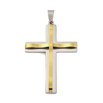 PVD Vacuum Plating 304 Stainless Steel Big Pendants, Cross Charm, Religion, Golden & Stainless Steel Color, 58.5x39x6mm, Hole: 4x8.5mm