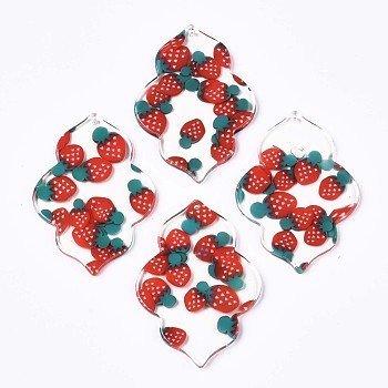 Transparent Clear Cellulose Acetate(Resin) Pendants, Printed, Flower with Strawberry, Strawberry Pattern, 47x33x3mm, Hole: 1.4mm