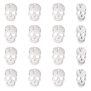 304 Stainless Steel Charms, Laser Cut, Manual Polishing, Skull, Stainless Steel Color, 15x10x1mm, Hole: 1.2mm, 16pcs/box