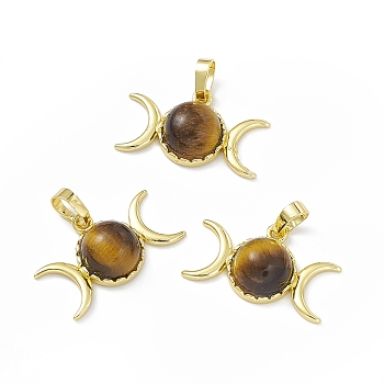 Natural Tiger Eye Pendants, Triple Moon Charms, with Golden Tone Rack Plating Brass Findings, Cadmium Free & Lead Free, 15x26x7mm, Hole: 6.5x4mm