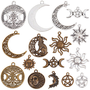 72Pcs 18 Style Tibetan Style Alloy Pendants, Sun & Moon & Flat Round with Star, Mixed Color, 16~44x2~34x1.5~4mm, Hole: 1~3mm, 4pcs/style