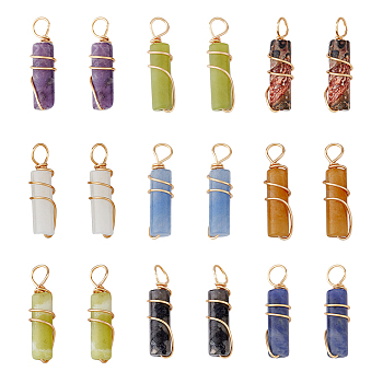 18Pcs 9 Styles Natural Gemstone Pendants, Column Charms, with Light Gold Tone Eco-Friendly Copper Wire Wrapped, 20~21x5~5.5mm, Hole: 2.3~2.8mm, 2pcs/style