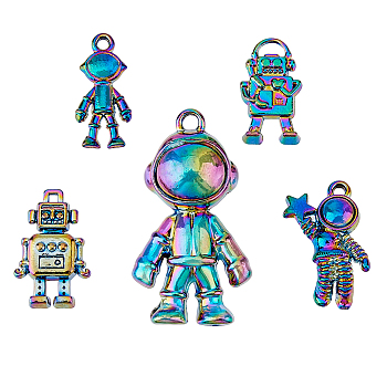 Rainbow Color Alloy Pendants, Spaceman and Robot, Rainbow Color, 17~32x8.5~18x3.5~12mm, Hole: 1.5mm, 5pcs/set, 2sets/box