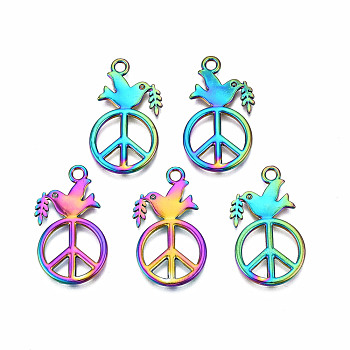 Rainbow Color Alloy Pendants, Cadmium Free & Nickel Free & Lead Free, Peace Sign with Dove, 28x17x1.5mm, Hole: 2mm