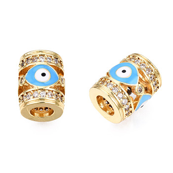Brass Micro Pave Cubic Zirconia Beads, with Enamel, Real 18K Gold Plated, Column with Evil Eye, Nickel Free, Deep Sky Blue, 11.5x9.5mm, Hole: 4.5mm