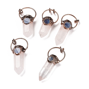 Natural Quartz Crystal Big Pendants, Rock Crystal, with Red Copper Tone Tin Findings, Lead & Nickel & Cadmium Free, Bullet, 53~73x24~33x17~26mm