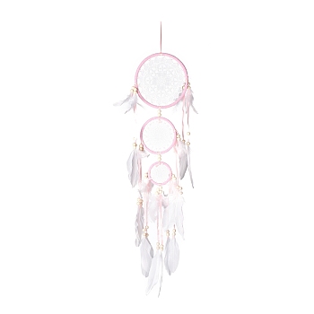 Handmade Round Woven Net/Web with Feather Wall Hanging Decoration, with Plastic Rings, Wooden Beads, for Home Offices Amulet Ornament, Pearl Pink, 850mm