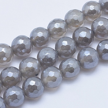 Electroplated Natural Grey Agate Beads Strands, Faceted, Round, 8~8.5mm, Hole: 1mm, about 48pcs/strand, 15.2 inch(38.5cm)