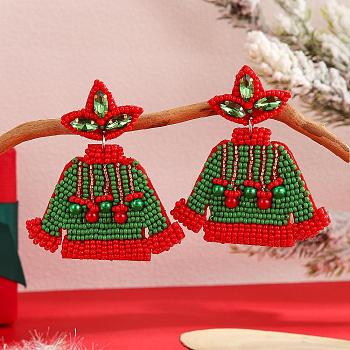 Christmas Style Sweater Pattern Handmade Glass Beaded Dangle Stud Earrings, Green, 65x57mm