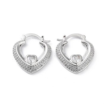 Clear Cubic Zirconia Heart Hoop Earrings, Rack Plating Brass Earrings, Lead Free & Cadmium Free, Long-Lasting Plated, Platinum, 25x22x4.5mm