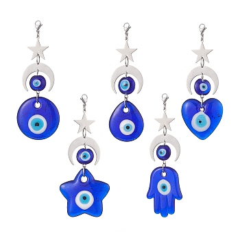Handmade Evil Eye Lampwork Pendants Decorations, 201 Stainless Steel Moon Star and Lobster Claw Clasps Charms, Star/Flat Round/Heart/Teardrop/Hamsa Hand, Mixed Shapes, 100~118mm