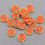 Alloy Enamel Pendants, Flat Round with Hollow Smiling Face, Light Gold, Coral, 14x11.5x1.8mm, Hole: 1.5mm(PALLOY-CJC0008-04B)