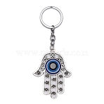 Alloy Pendant Keychains, with Evil Eye Handmade Lampwork Beads and Iron Key Rings, Hamsa Hand, Antique Silver & Platinum, 12.3cm(KEYC-WH0027-51)