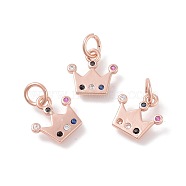 Brass Micro Pave Cubic Zirconia Charms, Crown, Colorful, Rose Gold, 12.5x13x1.5mm, Hole: 4mm(ZIRC-F106-04RG)