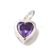 925 Sterling Silver Cubic Zirconia Heart Charms with Jump Rings, Silver Color Plated, Purple, 9.5x7.5x3.5mm, Hole: 3mm(FIND-U013-10S-06)