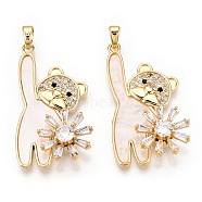 Brass Micro Pave Clear Cubic Zirconia Pendants, with White Shell, Bear with Flower Charms, Real 18K Gold Plated, 33x19x6.5mm, Hole: 2.5x4.5mm(KK-E068-VC290)