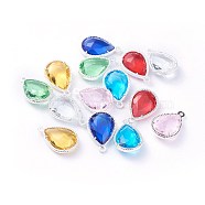 Glass Pendants, with Eco-Friendly Alloy Open Back Berzel Findings, Faceted, teardrop, Silver Color Plated, Mixed Color, 18x12x5mm, Hole: 1.4mm(GLAA-A037-G-S)
