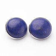 Natural Lapis Lazuli Brass Clip-on Earrings, Flat Round, Platinum, 14~15x12~13mm(EJEW-A051-A008)