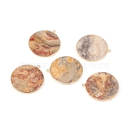 Natural Crazy Agate Pendants, with Brass Findings, Flat Round, Golden, 32~34x28.5~31x2mm, Hole: 1.6mm(G-E526-10K)